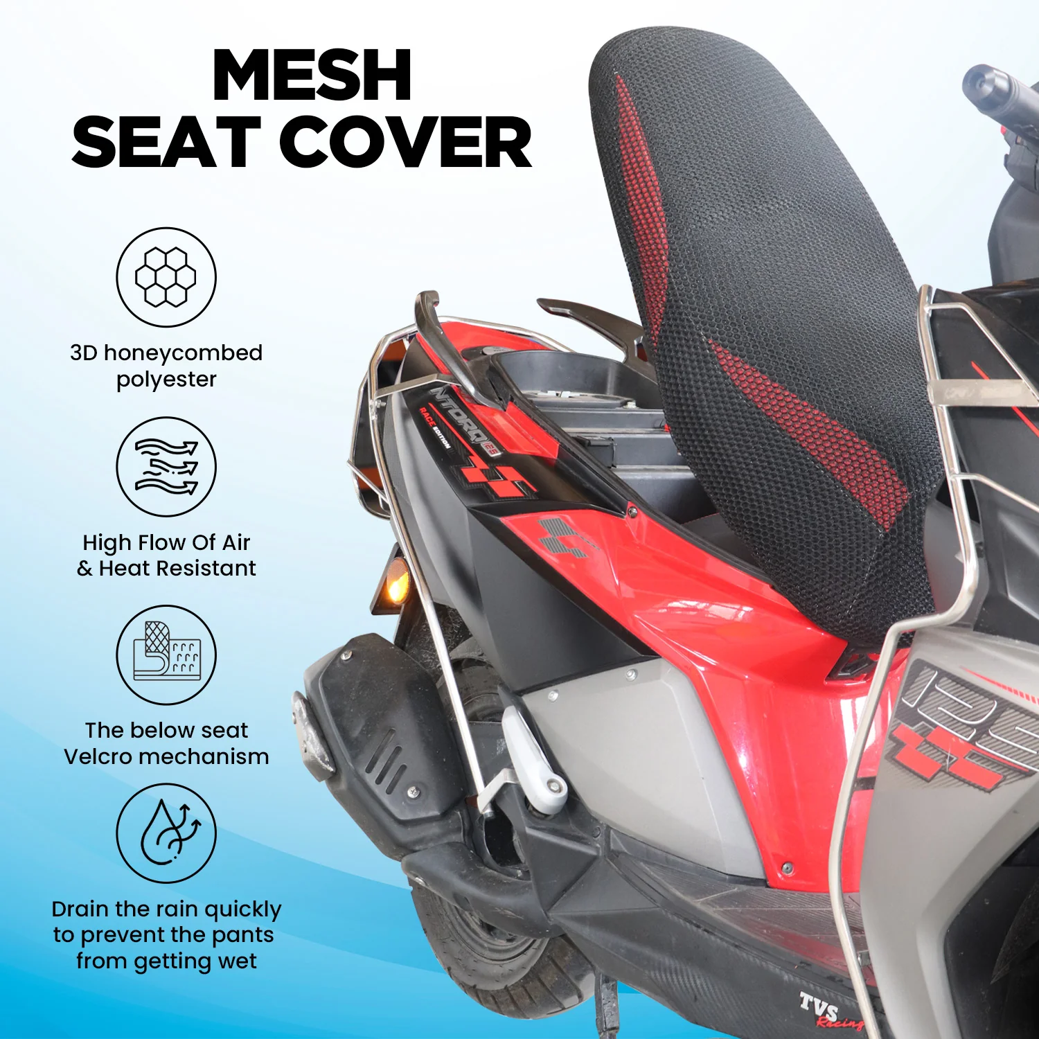 TVS Mesh Seat Cover for Ntorq - Polyester, Breathable 3D Honeycomb with Anti-Slip, All-Weather Protection - Image 2