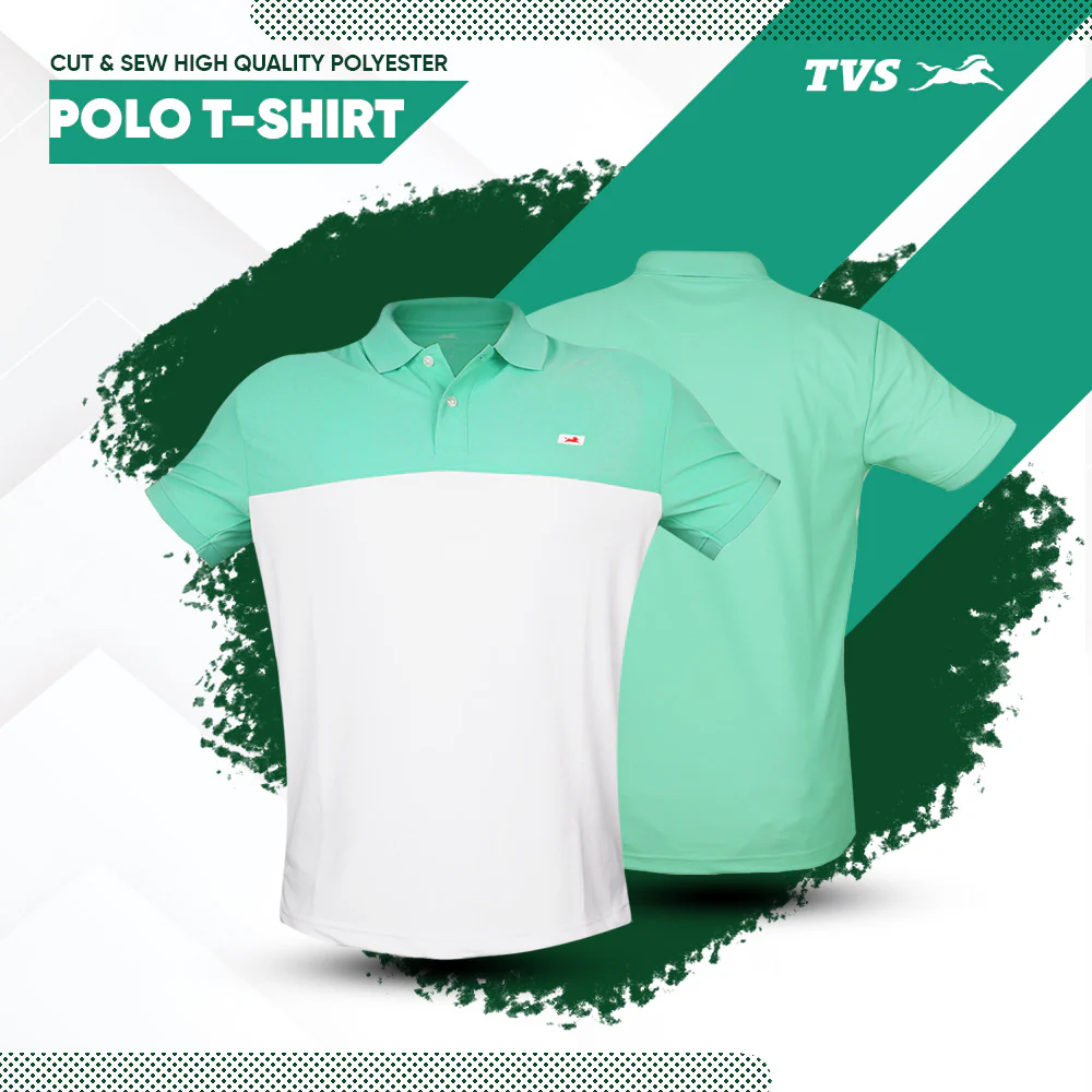TVS Cut and Sew high Quality Polyster Polo T-Shirt, Color: White & Green - Image 2